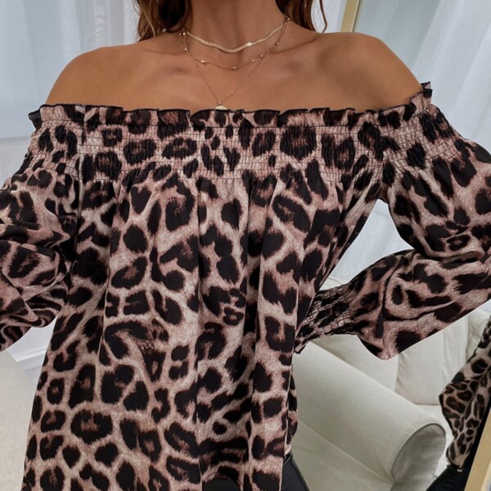 Brown Leopard Print Off Shoulder High Low Top - Picture 4 of 4